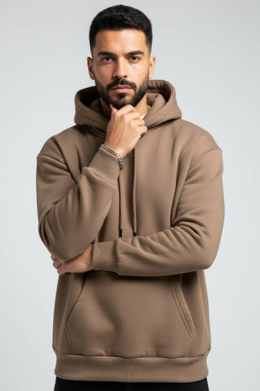 Kapüşonlu Üç İplik Sweatshirt Cappuccino - Erkek Sweatshirt
