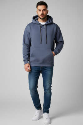 Kapüşonlu Üç İplik Sweatshirt Füme - Erkek Sweatshirt