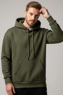 Kapüşonlu Üç İplik Sweatshirt Haki