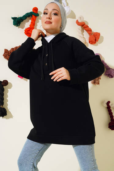 Kapüşonlu Üç İplik Tunik Siyah - Tunik