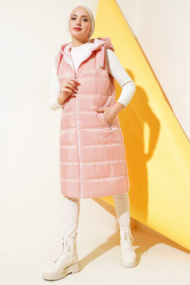 Kapüşonlu Uzun Şişme Yelek Pembe - Yelek