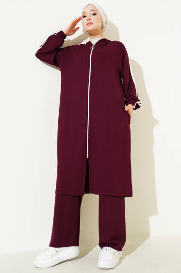 Kapüşonlu Uzun Tunik İkili Takım Bordo - İkili Takım