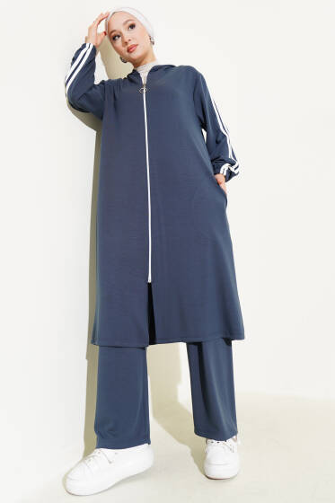 Kapüşonlu Uzun Tunik İkili Takım Füme - İkili Takım