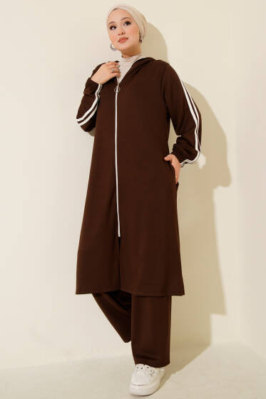 Kapüşonlu Uzun Tunik İkili Takım Kahve - İkili Takım