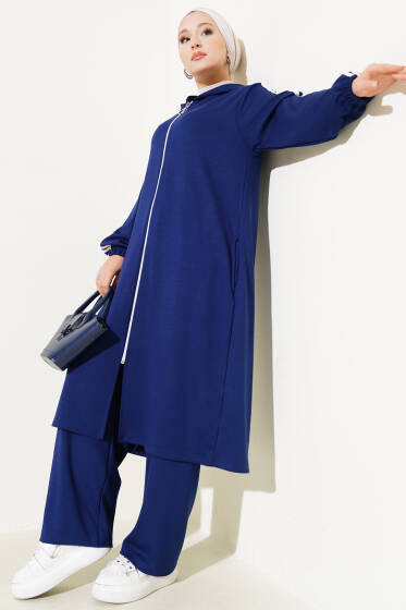 Kapüşonlu Uzun Tunik İkili Takım Lacivert - İkili Takım