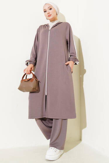 Kapüşonlu Uzun Tunik İkili Takım Vizon - İkili Takım