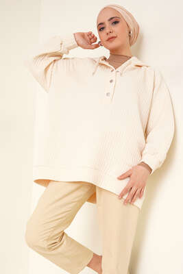 Kapüşonlu Waffle Kumaş Tunik Bej - Tunik