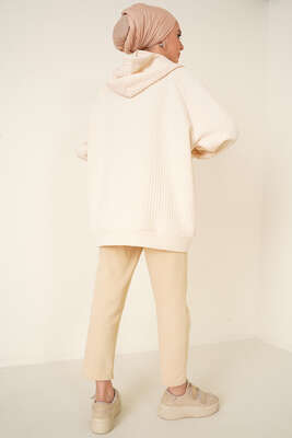 Kapüşonlu Waffle Kumaş Tunik Bej - Tunik