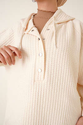 Kapüşonlu Waffle Kumaş Tunik Bej - Tunik