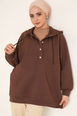 Kapüşonlu Waffle Kumaş Tunik Kahve - Tunik