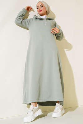 Kapüşonlu Yaka Çıtçıtlı Üç İplik Elbise Çağla Yeşili - Thumbnail