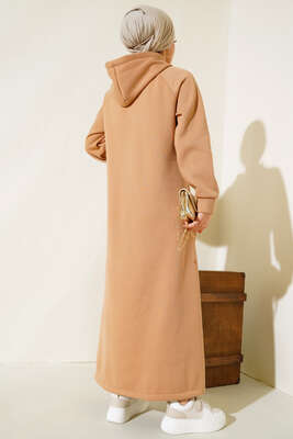 Kapüşonlu Yaka Çıtçıtlı Üç İplik Elbise Camel - Thumbnail