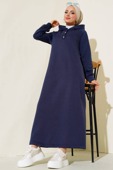 Kapüşonlu Yaka Çıtçıtlı Üç İplik Elbise Lacivert - Tesettür Elbise