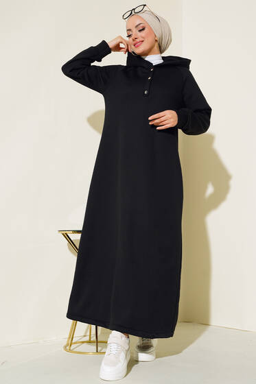 Kapüşonlu Yaka Çıtçıtlı Üç İplik Elbise Siyah - Tesettür Elbise