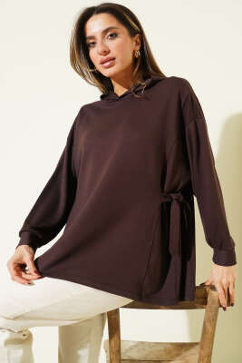 Kapüşonlu Yan Bağlamalı Sweatshirt Kahve - Kadın Giyim Modelleri