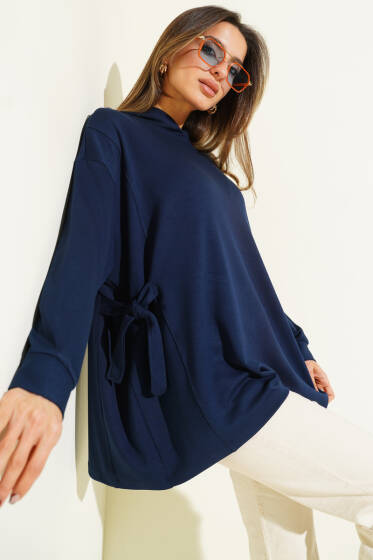 Kapüşonlu Yan Bağlamalı Sweatshirt Lacivert - Kadın Giyim Modelleri