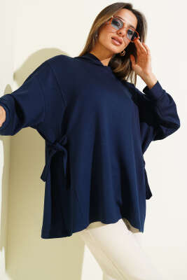 Kapüşonlu Yan Bağlamalı Sweatshirt Lacivert - Kadın Giyim Modelleri