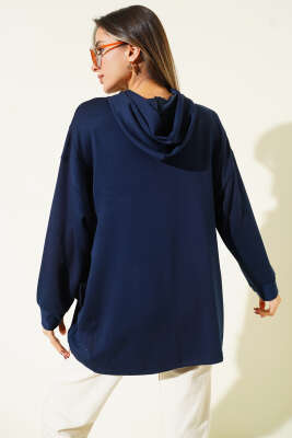 Kapüşonlu Yan Bağlamalı Sweatshirt Lacivert - Kadın Giyim Modelleri
