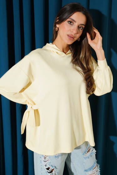 Kapüşonlu Yan Bağlamalı Sweatshirt Sarı - Kadın Giyim Modelleri