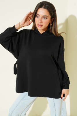 Kapüşonlu Yan Bağlamalı Sweatshirt Siyah - CALİENTE
