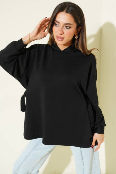 Kapüşonlu Yan Bağlamalı Sweatshirt Siyah - Kadın Giyim Modelleri