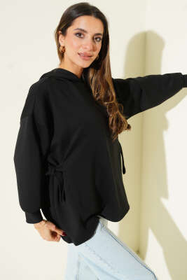 Kapüşonlu Yan Bağlamalı Sweatshirt Siyah - Kadın Giyim Modelleri
