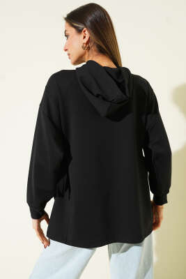 Kapüşonlu Yan Bağlamalı Sweatshirt Siyah - Kadın Giyim Modelleri