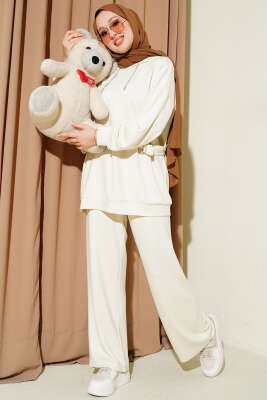 Kapüşonlu Yan Kuşaklı Loyşa İkili Takım Bej - HATUN