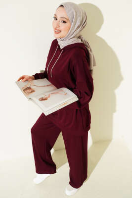 Kapüşonlu Yan Kuşaklı Loyşa İkili Takım Bordo - HATUN
