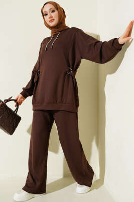 Kapüşonlu Yan Kuşaklı Loyşa İkili Takım Kahve - HATUN