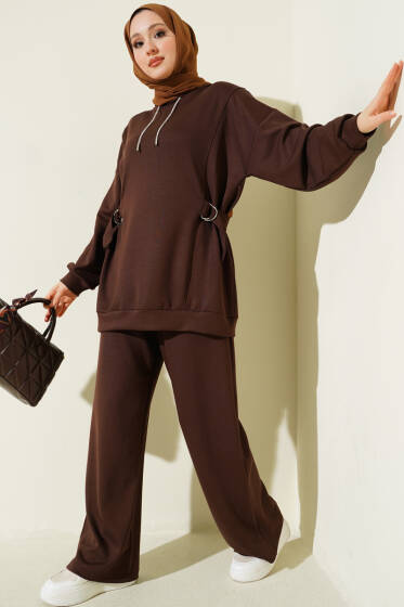 Kapüşonlu Yan Kuşaklı Loyşa İkili Takım Kahve - İkili Takım