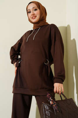 Kapüşonlu Yan Kuşaklı Loyşa İkili Takım Kahve - İkili Takım