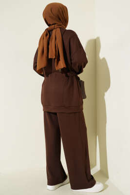 Kapüşonlu Yan Kuşaklı Loyşa İkili Takım Kahve - İkili Takım