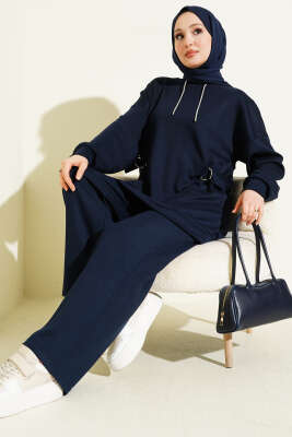 Kapüşonlu Yan Kuşaklı Loyşa İkili Takım Lacivert - HATUN