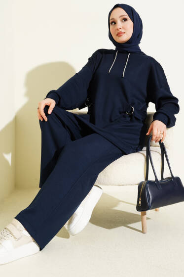 Kapüşonlu Yan Kuşaklı Loyşa İkili Takım Lacivert - İkili Takım
