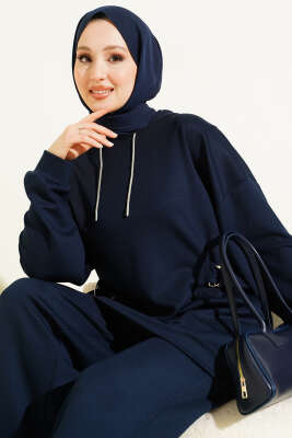 Kapüşonlu Yan Kuşaklı Loyşa İkili Takım Lacivert - İkili Takım