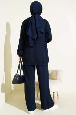 Kapüşonlu Yan Kuşaklı Loyşa İkili Takım Lacivert - İkili Takım