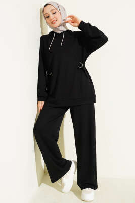 Kapüşonlu Yan Kuşaklı Loyşa İkili Takım Siyah - HATUN