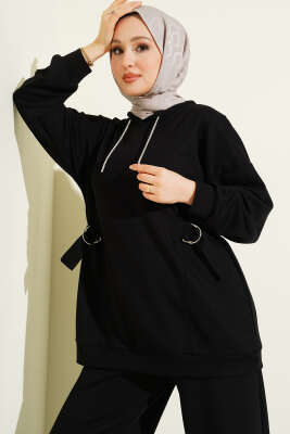 Kapüşonlu Yan Kuşaklı Loyşa İkili Takım Siyah - İkili Takım