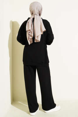 Kapüşonlu Yan Kuşaklı Loyşa İkili Takım Siyah - İkili Takım