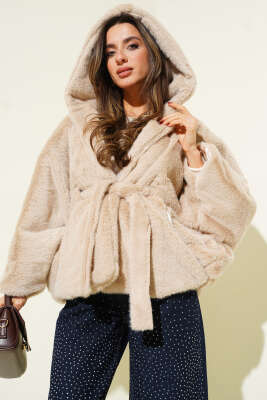 Kapüşonlu Yarasa Kol Kürk Bej - MD TREND