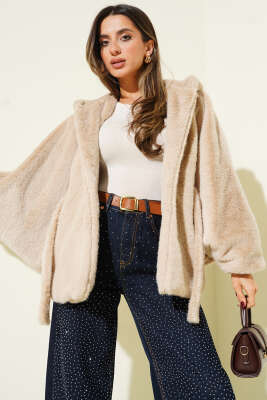 Kapüşonlu Yarasa Kol Kürk Bej - Kadın Giyim Modelleri