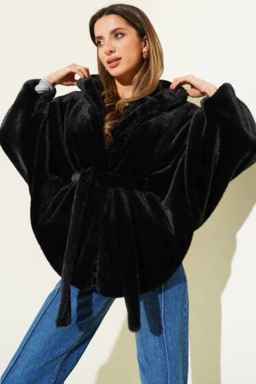 Kapüşonlu Yarasa Kol Kürk Siyah - Kadın Giyim Modelleri
