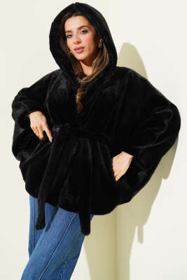 Kapüşonlu Yarasa Kol Kürk Siyah - Kadın Giyim Modelleri