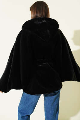 Kapüşonlu Yarasa Kol Kürk Siyah - Kadın Giyim Modelleri