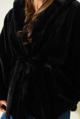 Kapüşonlu Yarasa Kol Kürk Siyah - Kadın Giyim Modelleri