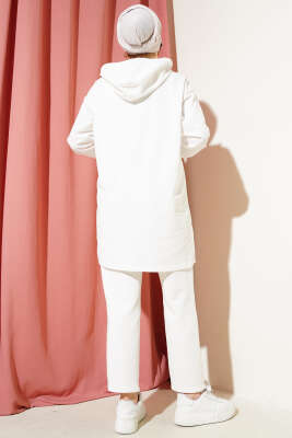 Kapüşonlu Yarım Fermuarlı Baskılı Tunik Beyaz - ÇOK SATANLAR