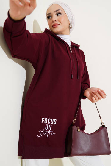 Kapüşonlu Yarım Fermuarlı Baskılı Tunik Bordo - Sweatshirt
