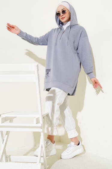 Kapüşonlu Yarım Fermuarlı Baskılı Tunik Kayrak Grisi - Sweatshirt