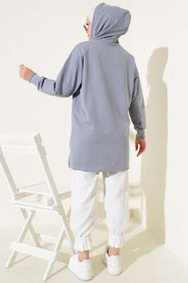 Kapüşonlu Yarım Fermuarlı Baskılı Tunik Kayrak Grisi - Tunik